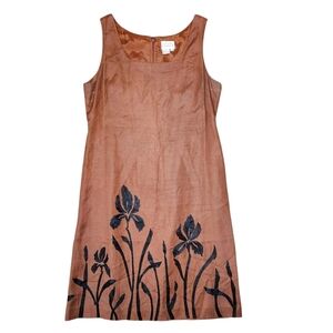 Adrianna Papell Linen Dress Sleeveless Floral Brown Black Whimsigoth Cottage‎ 14
